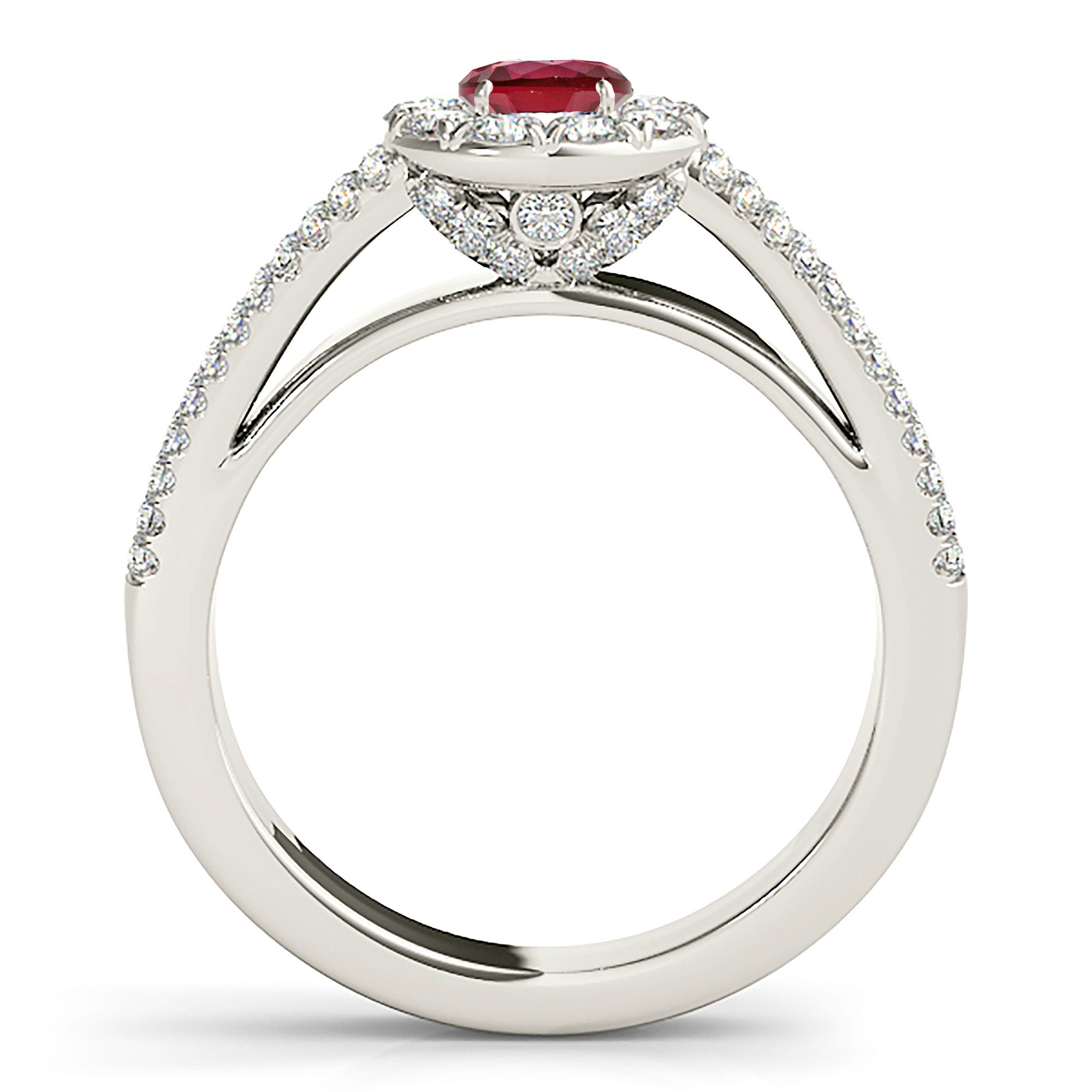 0.94 ct. Genuine Ruby Ring With 0.50 ctw. Diamond Halo And Split Diamond Shank, Diamond Basket | Round Ruby Halo Ring | Natural Ruby Ring-VIRABYANI
